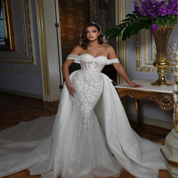 Splendido abito da sposa in pizzo con strascico staccabile al largo della spalla paillettes sirena abiti da sposa dell'Arabia Saudita robes de mariee2364