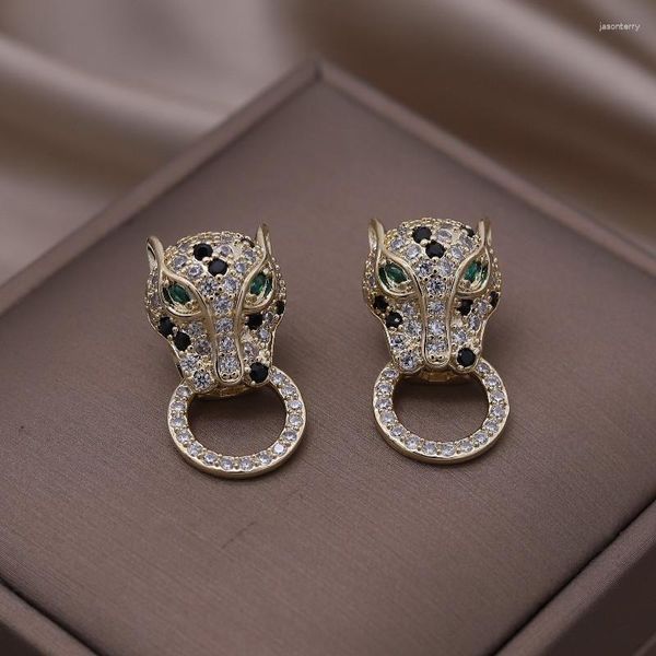 Ohrstecker, 14 Karat vergoldet, Modeschmuck, exquisiter Kupfer, bunter Zirkon, großer Leopard, runder Ohrring, elegante Damenparty