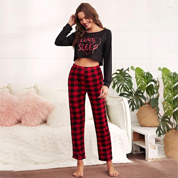 Pijama feminino feminino terno de 2 peças moda sexy estampado camiseta de manga comprida e calça conjunto de pijama feminino de duas peças para casa