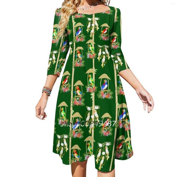 Günlük elbiseler tiki oda kuşları kare boyun elbisesi tatlı yaz kadınlar zarif yular baskı büyülü tropikal