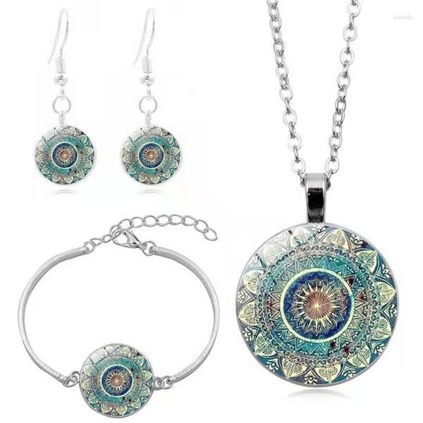 Halskette Ohrringe Set Modeschmuck für Frauen Kreative Retro Stein Mandala Armband Mädchen Urlaub Party Trendiges Geschenk