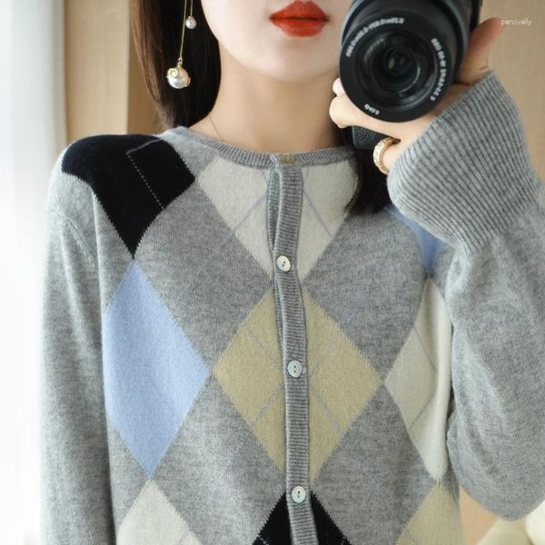 Malha feminina outono e inverno lazer xadrez diamante suéter casaco feminino lã fina tricô cardigã commuter