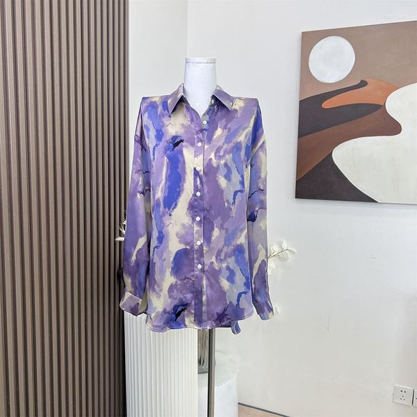 Blusas femininas 2023 moda coreana camisa de verão roxo halo tingido pintura a óleo seda suave cetim facial protetor solar versátil para mulheres