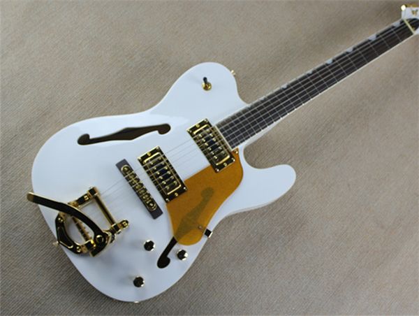 Top Quality Custom Shop Branco Jazz Guitarra Elétrica Corpo Semi Oco Rosewood Fingerboard com Tremolo Hardware Dourado