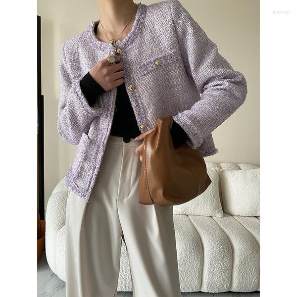 Jaquetas femininas 20% lã qualidade moda francesa versão coreana tweed roxo claro borla jaqueta curta primavera outono mulheres casaco tops