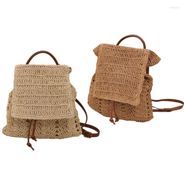 Bolsas escolares mochila de palha para mulheres bolsa de praia boêmia casual mochila de férias com fecho de cordão