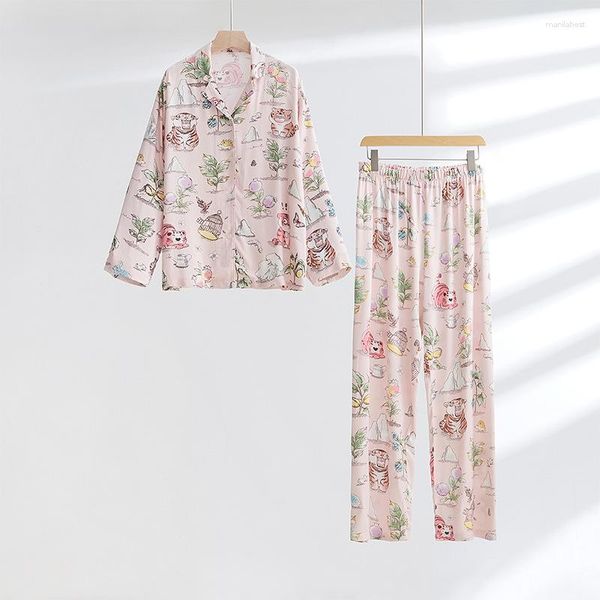 Damen-Nachtwäsche, modischer Cartoon-Stil, niedlicher Zoo-Druck, Strickjacke, Langarm-Tops mit Hosen, Pyjama für Damen, Pyjamas für Damen