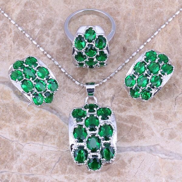 Collana Orecchini Set Verde Cubic Zirconia Placcato Argento Anello Pendente Misura 5/6 7 8 9 10 S0008