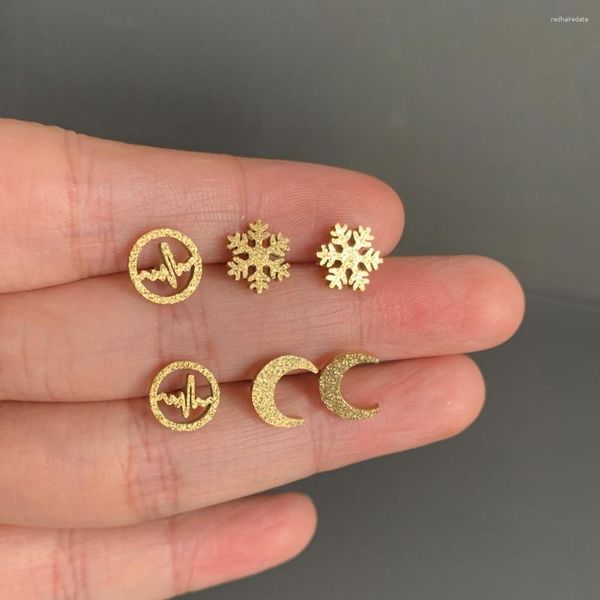 Ohrstecker, 3 Paar, einfache Mischung, mattgoldene Farbe, Mond, Schneeflocke, runder Ohrring-Set für Damen und Mädchen, kleine Ohrstecker aus Edelstahl, Manschettenschmuck