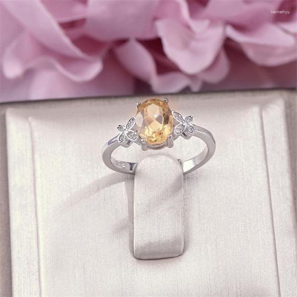 Кластерные кольца прекрасные украшения 925 Серебро для женщин 8 6 мм цитрин желтый овальный натуральный драгоценный камень Регулируемое кольцо Элегантное обручальное кольцо R-Ci002