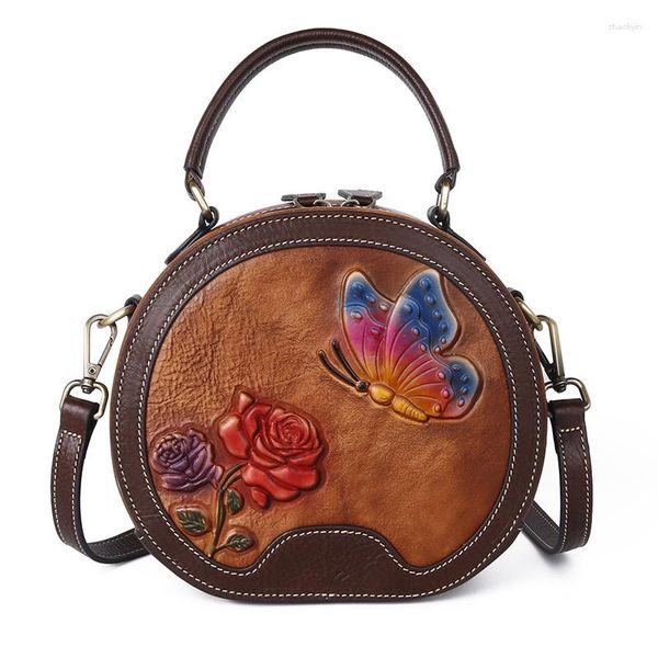 Abendtaschen Kleine Frauen Messenger Bag Handtasche Schulter Floral Geprägte Weibliche Vintage Designer Echtes Leder Rund Tote Umhängetasche