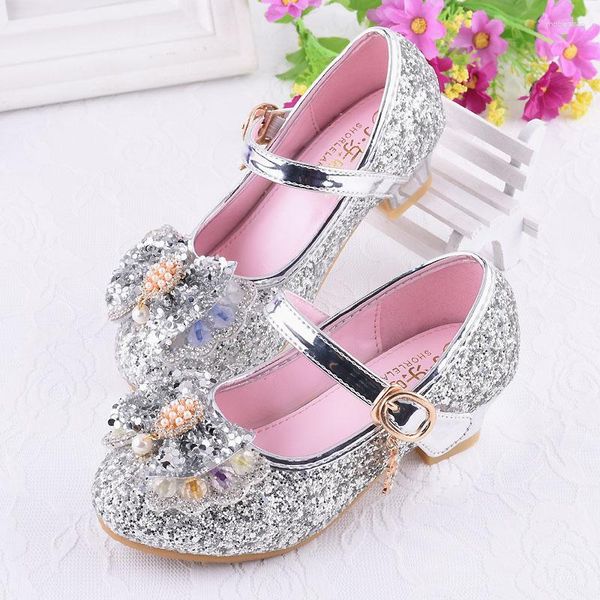 Scarpe basse Ragazze in pelle con tacco Moda glitter strass Bowtie Sandali Bambini Principessa Danza taglia 26-37 SW005