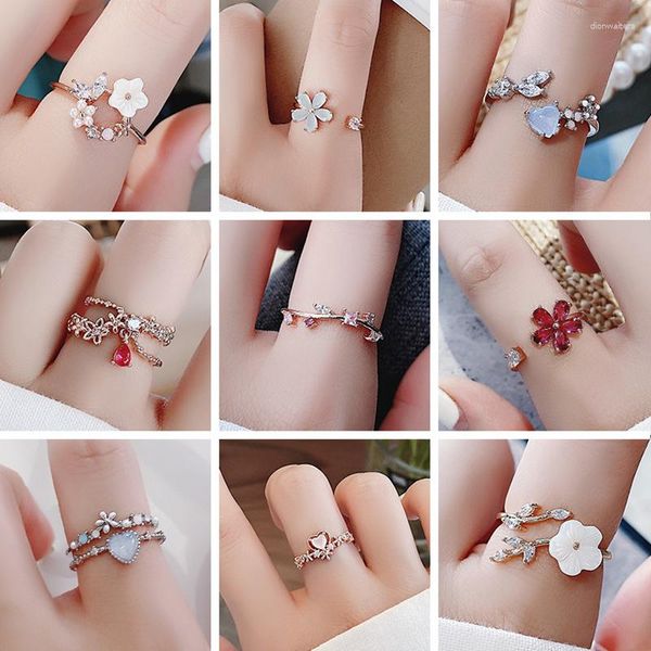 Eheringe im japanischen und koreanischen Stil, süßer Bling-Kristall, Herz, rote Blume, offenes Ende, Ring für Frauen, Dekoration