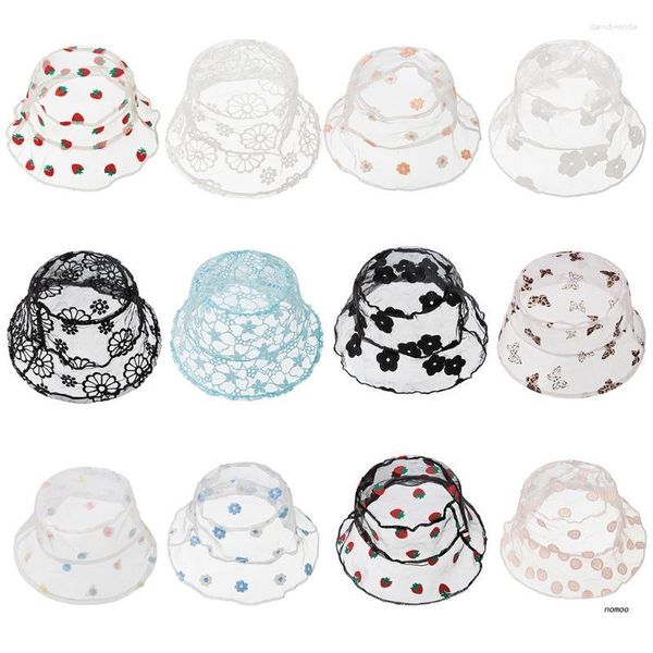 Boinas Infantis Bebê Verão Mesh Transparente Renda Chapéu Bucket Doce Floral Bordado Aba Larga Topo Plano Respirável Embalável Crianças