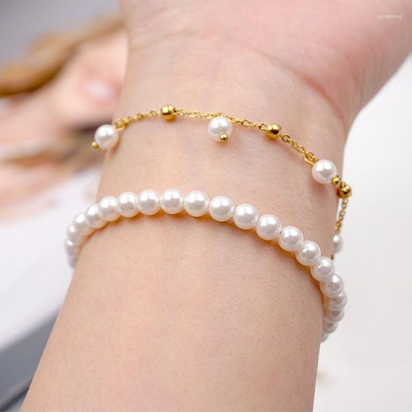 Charm Bracelets ALLME French White Shell Pearl Frisado Pulseira Aço Inoxidável Banhado a Ouro 18K para Mulheres Acessórios de Festa