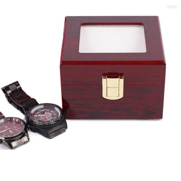 Caixas de Relógio 2 Grades Caixa de Madeira Luxo Vermelho Transparente Vidro Flip Top Jóias Pulseira Armazenamento Presente Caja Para Relojes Rápido