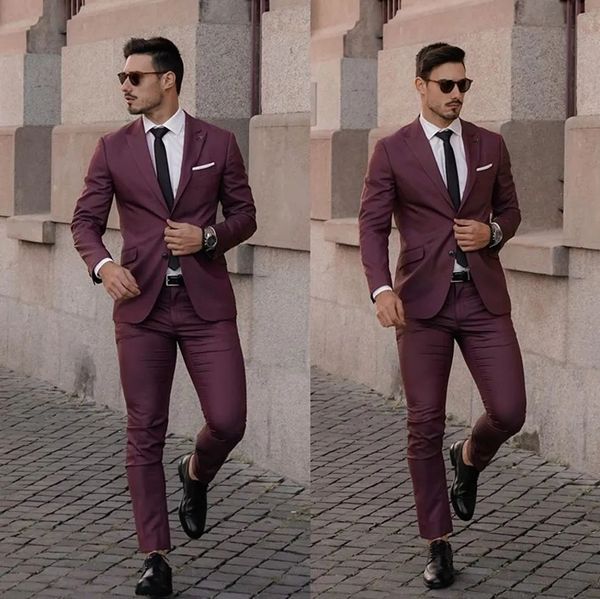 Bonito smoking de casamento masculino bordô com dois botões fino ajuste para festa de negócios baile de formatura melhores ternos de blazer masculino 2 peças feito sob encomenda