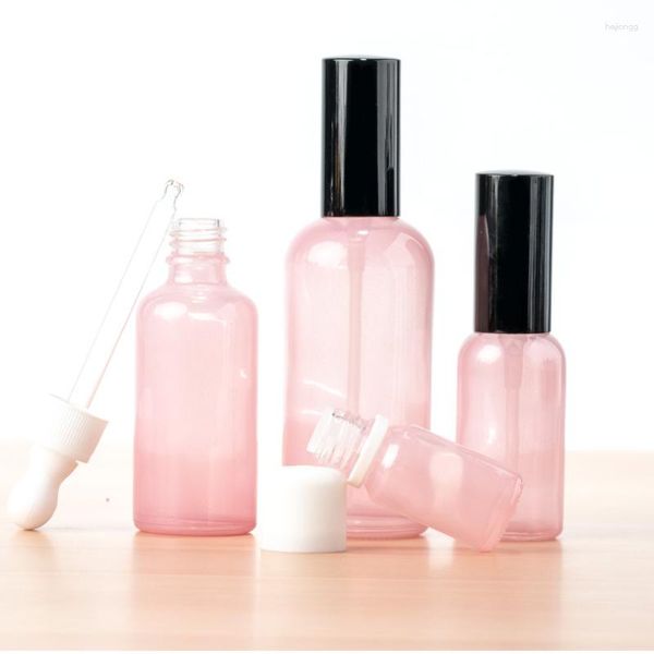 Frascos de armazenamento 10pcs 5ml 10ml 15ml 30ml 50ml 100ml Frasco de spray fino de vidro vazio rosa Recipientes de emulsão de óleo essencial conta-gotas