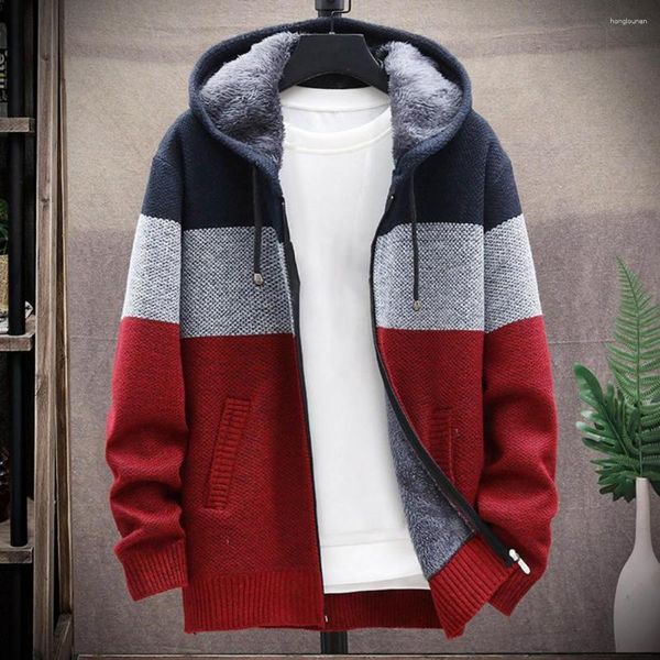 Giacche da uomo Cappotto con cappuccio da uomo Blocchi di colore Addensare fodera in peluche Maglione cardigan caldo Autunno Inverno Manica lunga Cerniera lavorata a maglia