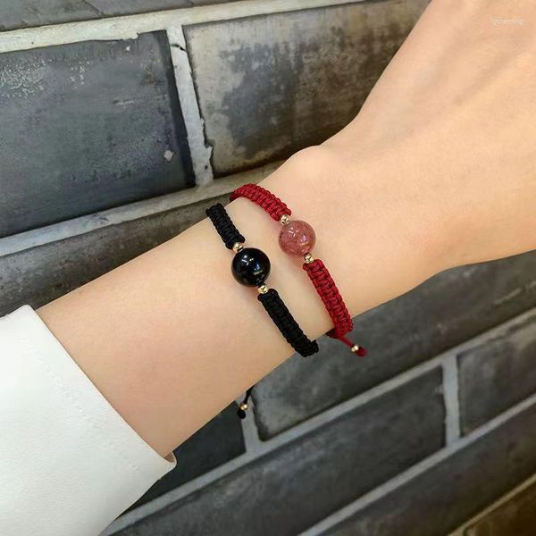 Charm-Armbänder, handgefertigt, für Paare, Herren, schwarzer Achat und Damen, Erdbeerkristall, DIY-Handseil, Valentinstagsgeschenk