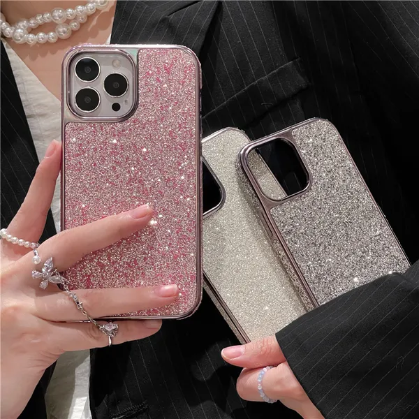 Luxo Glitter Diamond Plating Vogue para iPhone 14 13 12 Pro Max Durable Fashion Women Slim Full Protective Soft Bumper Sparkle Back Cover à prova de choque