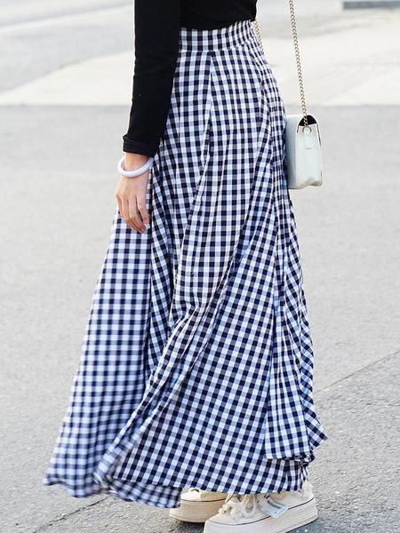 Röcke Mode Plaid Lange Frauen Sommer Elegante Hohe Taille Maxi Kleid Weibliche Casual Lose Koreanische Version A-line 2023