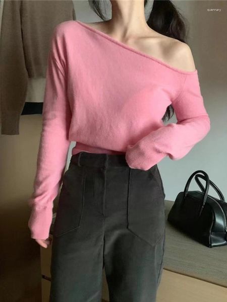 T-shirt da donna Donna Camicia chic coreana rosa Primavera autunno Colletto diagonale Sexy Maglioni a maniche lunghe con spalle scoperte Donna Casual Top