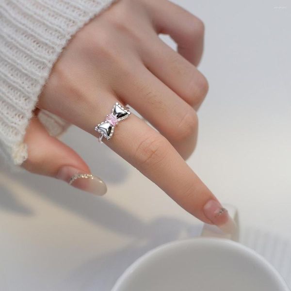 Cluster Rings VENTFILLE 925 Silver Sterling Pink Zircon Bow For Women Simple Personale Sweet Open Ins Jewelry Party Gifts Wholesale