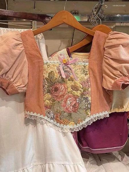 Camicette da donna estate floreale rosa Francia camicetta vintage da donna maniche a sbuffo eleganti camicie dolci da donna slim principessa retrò party crop top