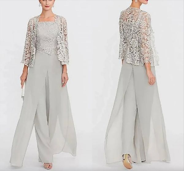 İki parça tulumlar Dantel Ceketli Gelin Elbiselerinin Annesi Gümüş Gri Şifon Uzun Akşam Partisi Pantolonlar Pantolonlar Pantolon Boyutu Düğün Konuk Elbisesi Al948