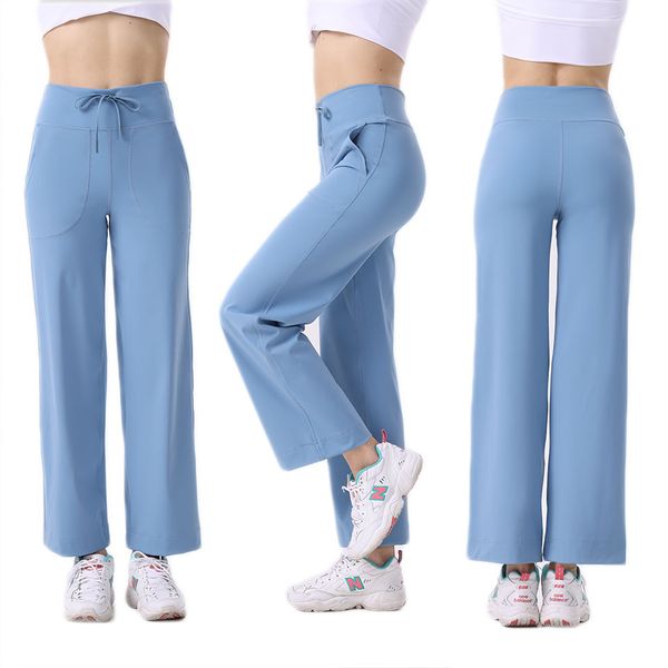 Nuovi pantaloni a gamba dritta micro svasati in nylon da donna con coulisse in vita e sollevamento dell'anca per la corsa pantaloni a gamba larga da yoga fitness per LL Yoga Outfit