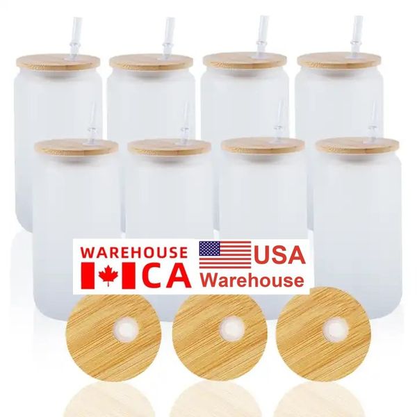Американские складские бокалы Sublimation 16oz Терминки могут в форме стеклянных кружек с бамбуковой крышкой многоразовой соломенной замороженной прозрачной чашки соды, пить JN24