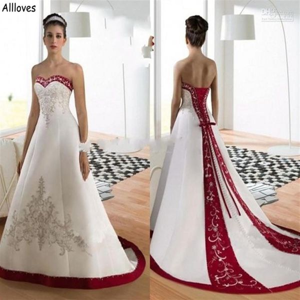 Abiti da sposa con ricami rossi e bianchi A-Line Abiti da sposa con lacci a cuore e corsetto posteriore Abiti da sposa con perline in pizzo Sweep Train Stain Plus Siz298H