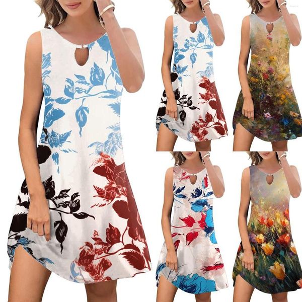 Lässige Kleider Damen Sommerkleid 2023 Mode Bohemian Print Cover Up Rundhalsausschnitt Petite Für Frauen Länge Denim