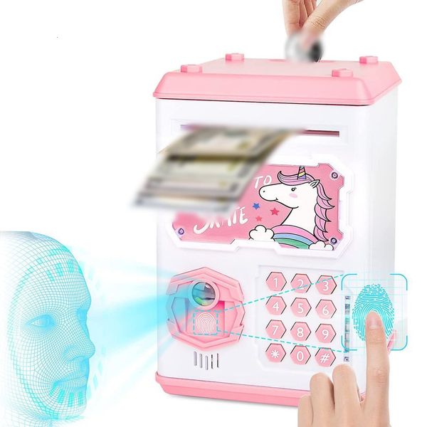 Novidades Cofrinho Unicórnio Brinquedo Menina Menino Presente Mini caixa de dinheiro ATM com reconhecimento facial e rolo de dinheiro de impressão digital 230621