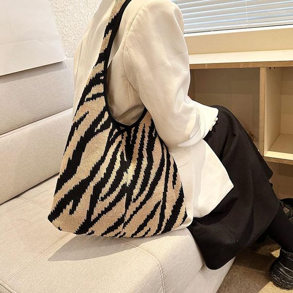 Abendtaschen Zebra-Muster Gestrickte Damentasche Vintage Schulter Eco Korean Shopper Häkeln Seil Stricken Handtaschen Tägliche Sling Sac