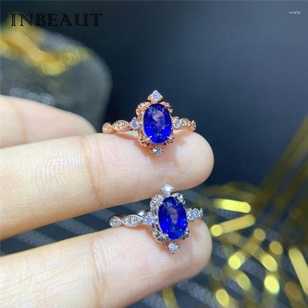 Cluster Anéis Prata Esterlina 925 5 7mm Natural Oval Safira Anel Rosa Ouro Real Azul Ovo Pedra Preciosa Casamento Para Mulheres Jóias De Noivado