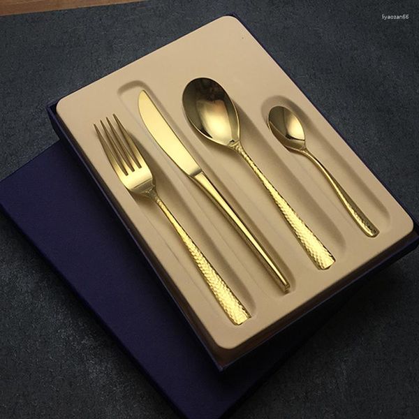Conjuntos de louça 4 pçs/conjunto pontos martelados ouro aço inoxidável ouro talheres garfo faca colher conjunto talheres de casamento jantar de natal