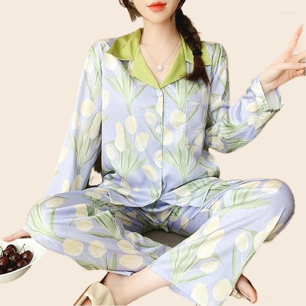 Kadın pijama rayon pijama setleri kadınlar lale flower nighty tişört ev kıyafeti rahat büyük boy pijamas lüks tasarımcı giyim