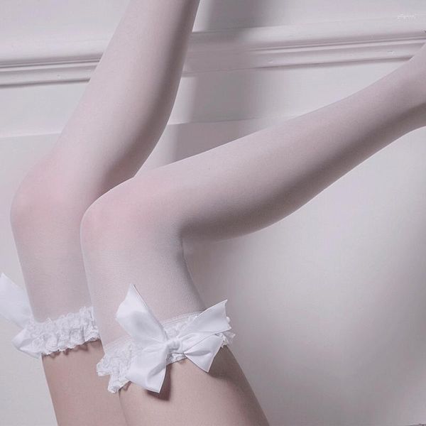 Damensocken, dünne Overknee-Strümpfe für Mädchen, transparentes Kunststoffbein, sexy Spitze, Schleife, süß