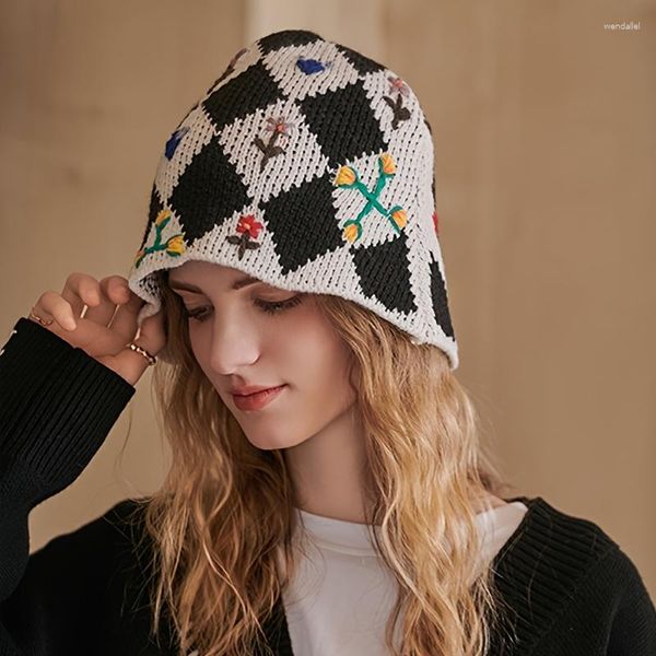 Gorros xadrez bordado floral chapéu balde para mulheres bonito flor tricô quente outono inverno presentes dos namorados para ela