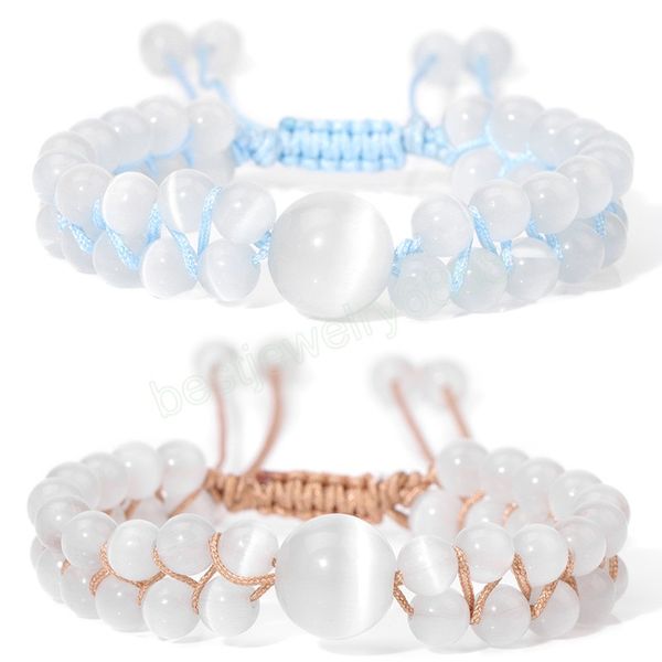 Bracciale con perline di opale bianco Avvolgente regolabile Corda colorata Braccialetti intrecciati con pietra occhio di gatto in cristallo naturale per gioielli da donna