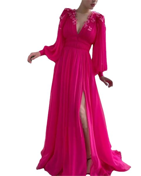 Novos vestidos de baile de chiffon rosa brilhante mangas bufantes decote em V fenda A linha vestidos de noite com flores de borboleta 3D