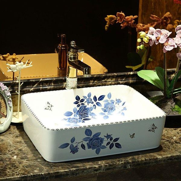 China Artistic Handmade Counter top Ceramic Banheiro Pia de banheiro de cerâmica pias de banheiro retângulo azul e brancobom qt Gflq