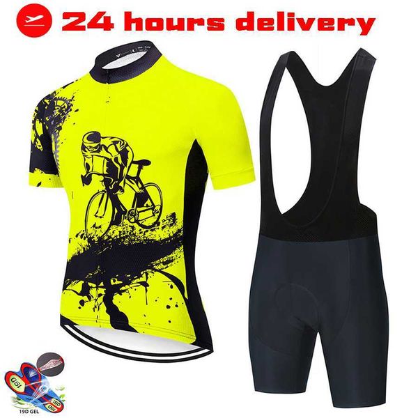 Fahrradbekleidung Sets Fluoreszierendes Gelb Fahrradbekleidung 19D Trägerset MTB Uniform Fahrradbekleidung Quick Dry Fahrradbekleidung Kleidung Herren Short Maillot CulotteHKD230625