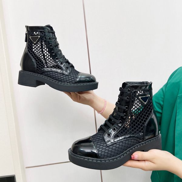 Роскошные дизайнерские сетки -сапоги женские короткие ботинки летние модные треугольники лейбл Zipper кружев с плоским каблуком обнаженной марки