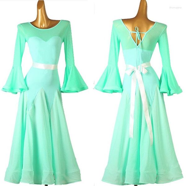 Stage Wear Green Smooth Ballroom Dress Viennese Standard Ladies Dress Belt Belt Mq203