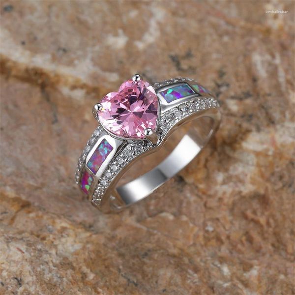 Eheringe Niedliches rosa Herz Lila Feueropal für Frauen Silber Farbe Valentinstag Vintage Bands Verlobungsring Zirkon Schmuck