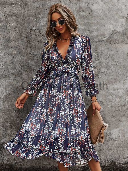 Casual Dresses Msfilia Sexy V-Ausschnitt Blumenkleid Damen Schmetterlingsärmel Hohe Taille Casual Print Kleider Für Frauen Sommer Chiffon Kleid J230625