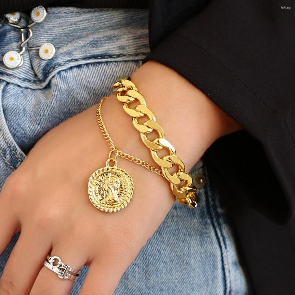 Charm Bracelets Flashbuy Vintage Gold Color Retrato Moeda Para Mulheres Metal Cubano Corrente Grossa Acessórios Pulseira